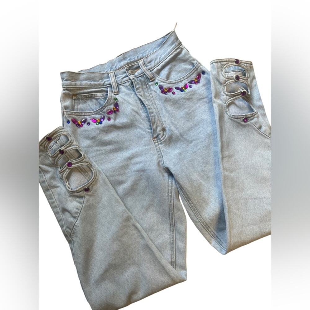 Vtg Colorful Gemstone Cutout Ankle Maximalist Feminine Slim Leg Jeans Womens 3/4